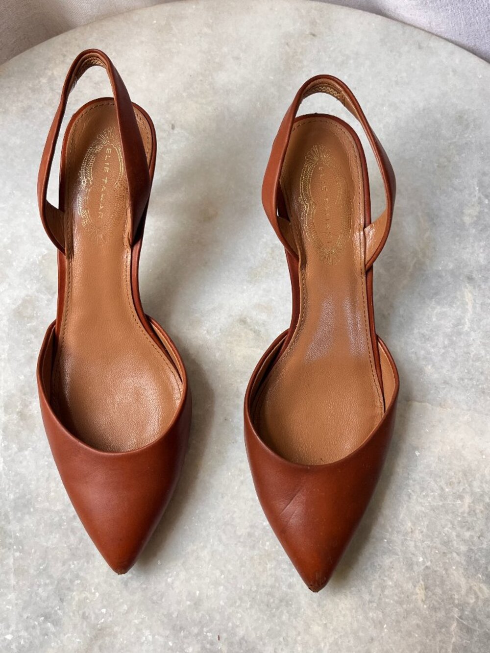 Elie Tahari Cognac Leather Pointed Slingback Pump 7.5